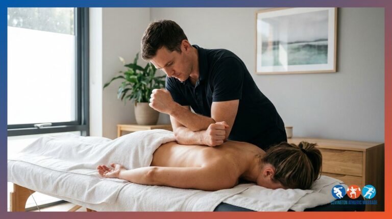A sports massage therapist performing deep tissue work on an athlete's upper back in a clinic treatment room.