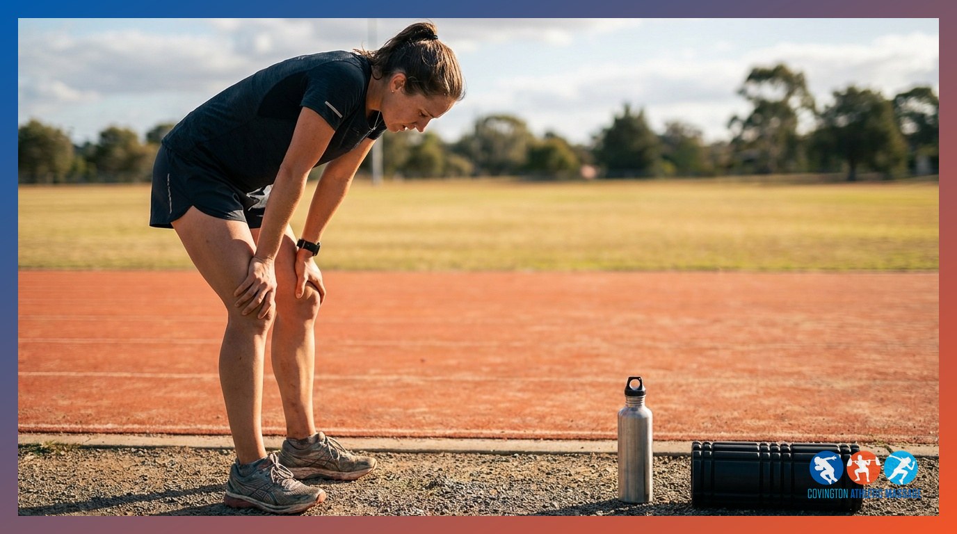 An athlete resting on the edge of a running track immediately after a hard training session.