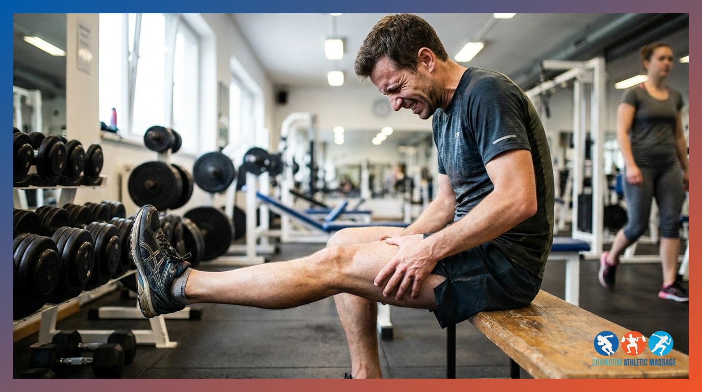 A runner gripping a sore thigh muscle on a gym bench after an intense workout session.