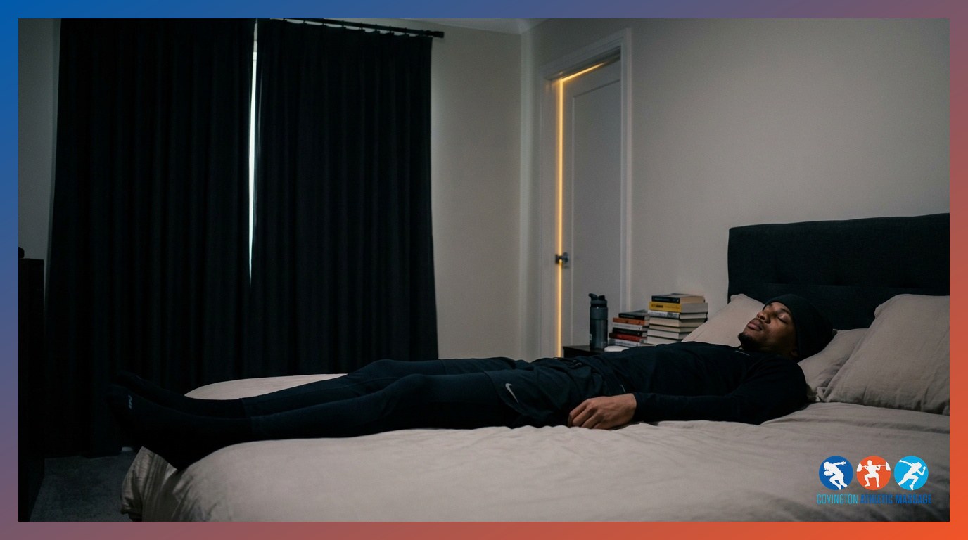 An athlete sleeping in a darkened bedroom as part of a structured athletic recovery routine.
