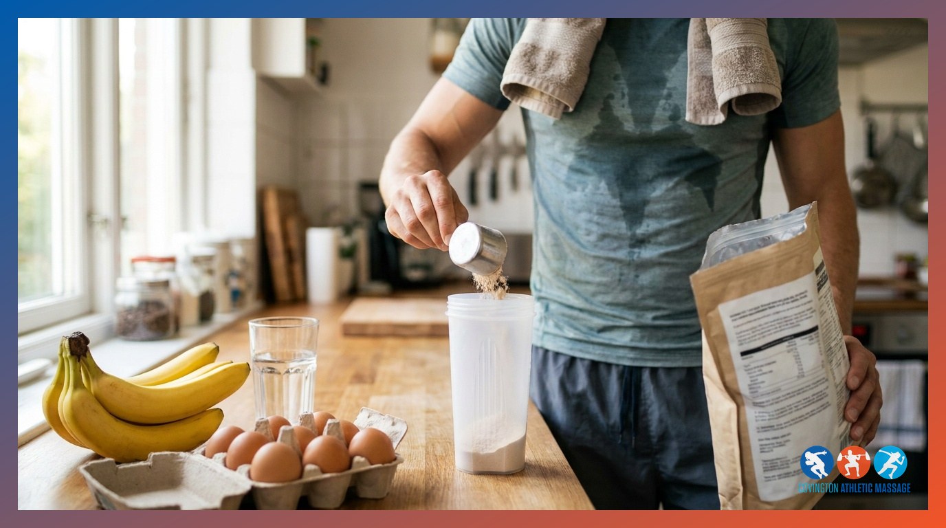 An athlete preparing a post-workout protein shake at a kitchen counter after training.