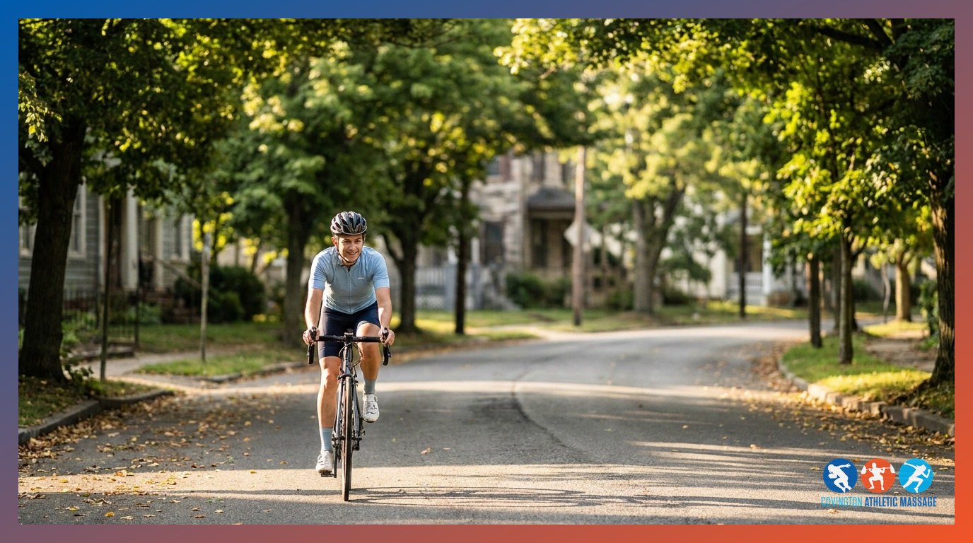A cyclist performing a low-intensity active recovery ride along a quiet tree-lined road.