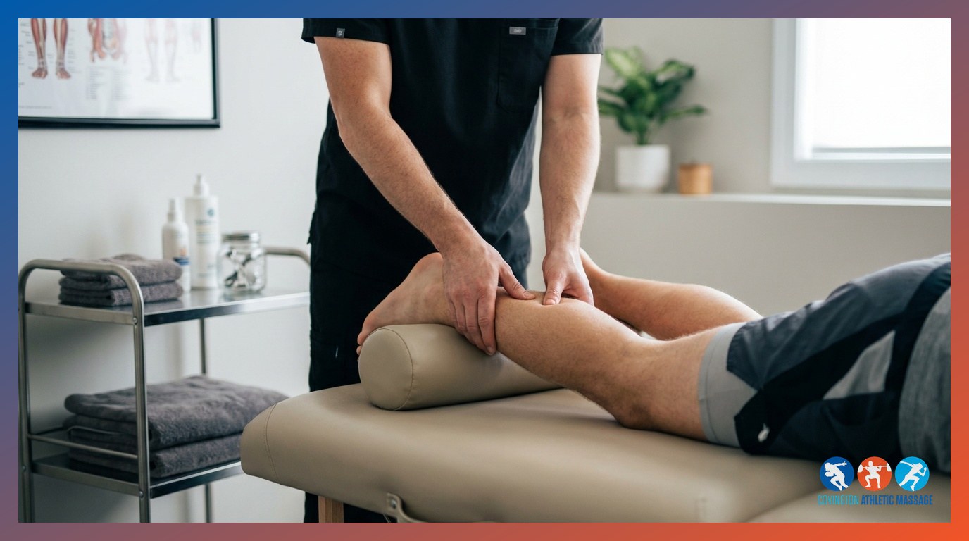 A sports massage therapist applying targeted deep tissue pressure to an athlete's calf in a clinic setting.