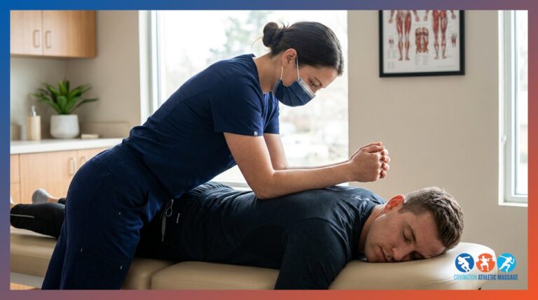 A sports massage therapist applying deep pressure to an athlete's upper back on a treatment table.
