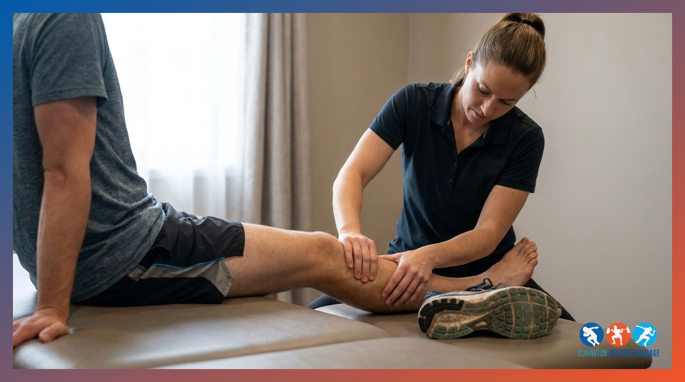 A sports massage therapist assessing and working on a track athlete's hamstring before a session.