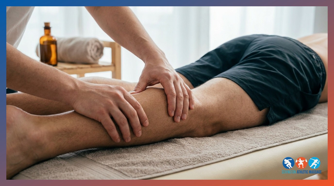 A therapist's hands performing a petrissage kneading technique on an athlete's calf muscle.