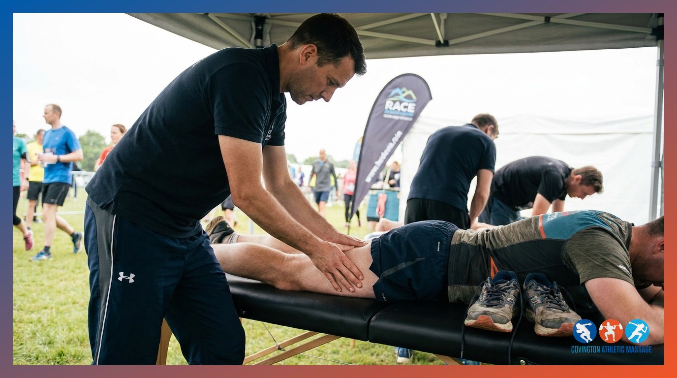 A sports massage therapist applying pre-event stimulating strokes to a runner's quadriceps before competition.