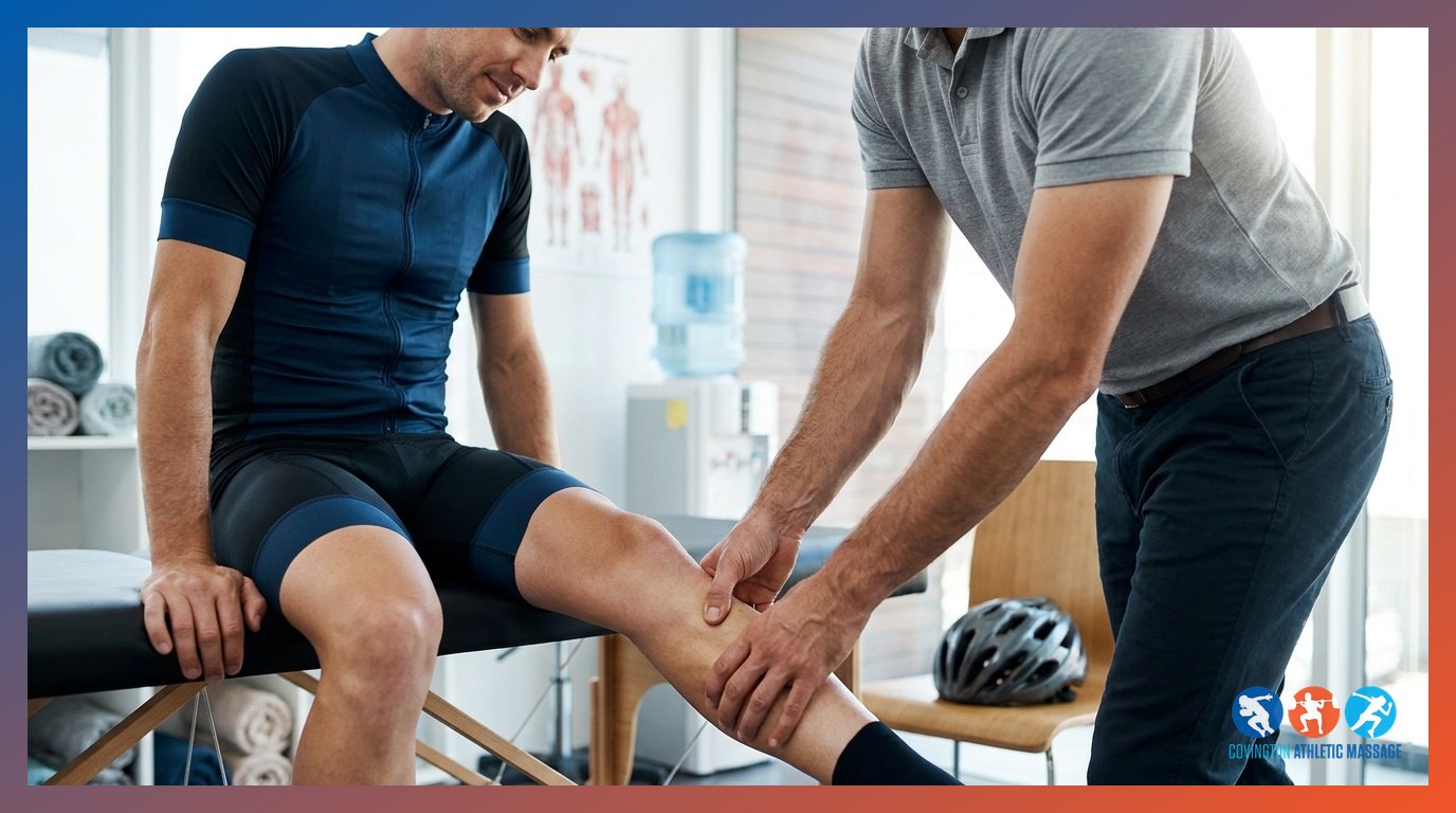 A massage therapist treating the calf and lower leg muscles of an endurance cyclist on a clinic table.