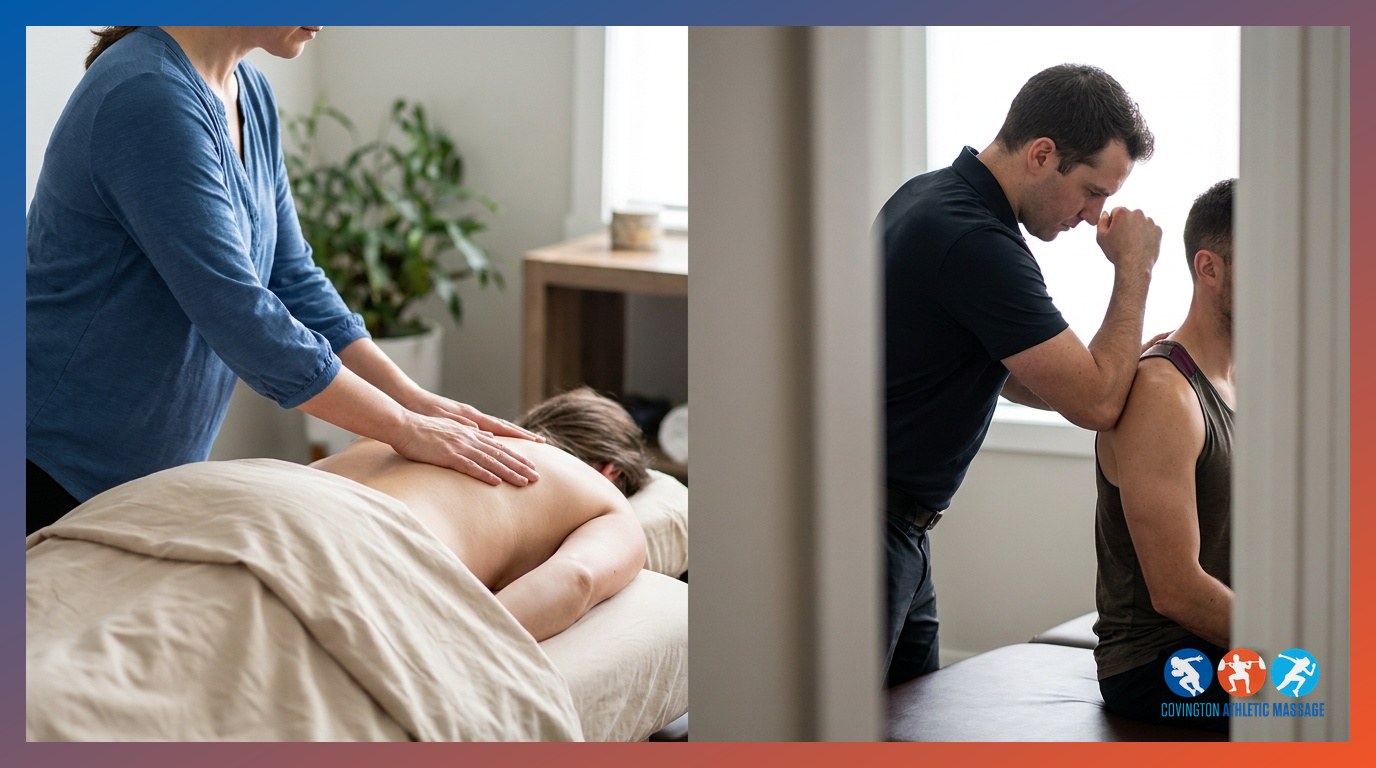 Two massage therapists demonstrating contrasting techniques — relaxation strokes on one client and deep athletic tissue work on another — in the same clinic room.