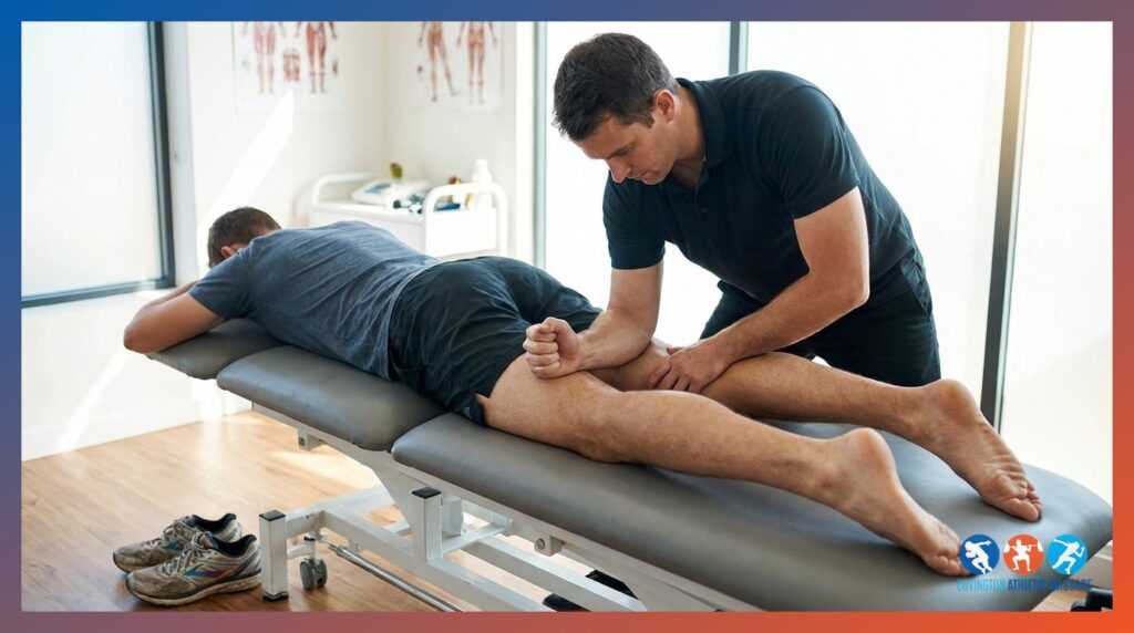 A sports massage therapist applying deep pressure to an athlete's hamstring on a treatment table.