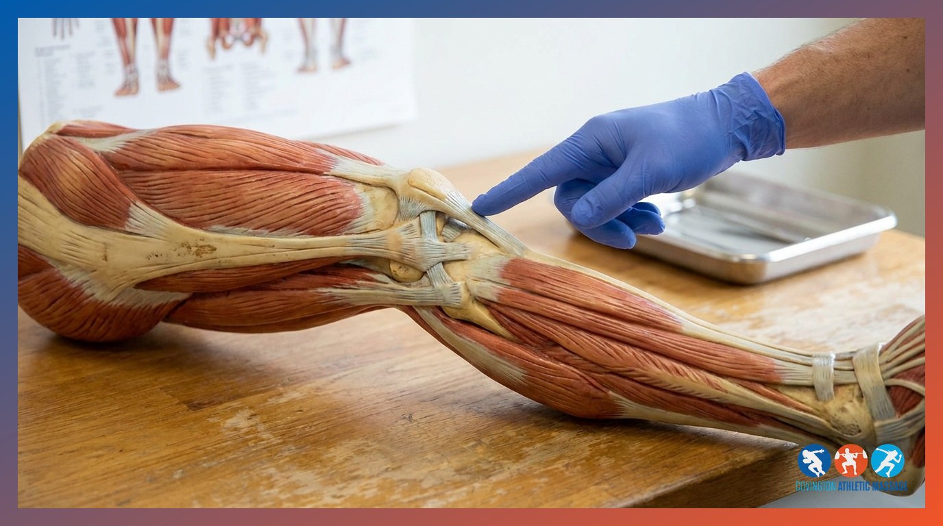 An anatomy model of leg muscles and tendons used to illustrate soft-tissue sports injury classification.