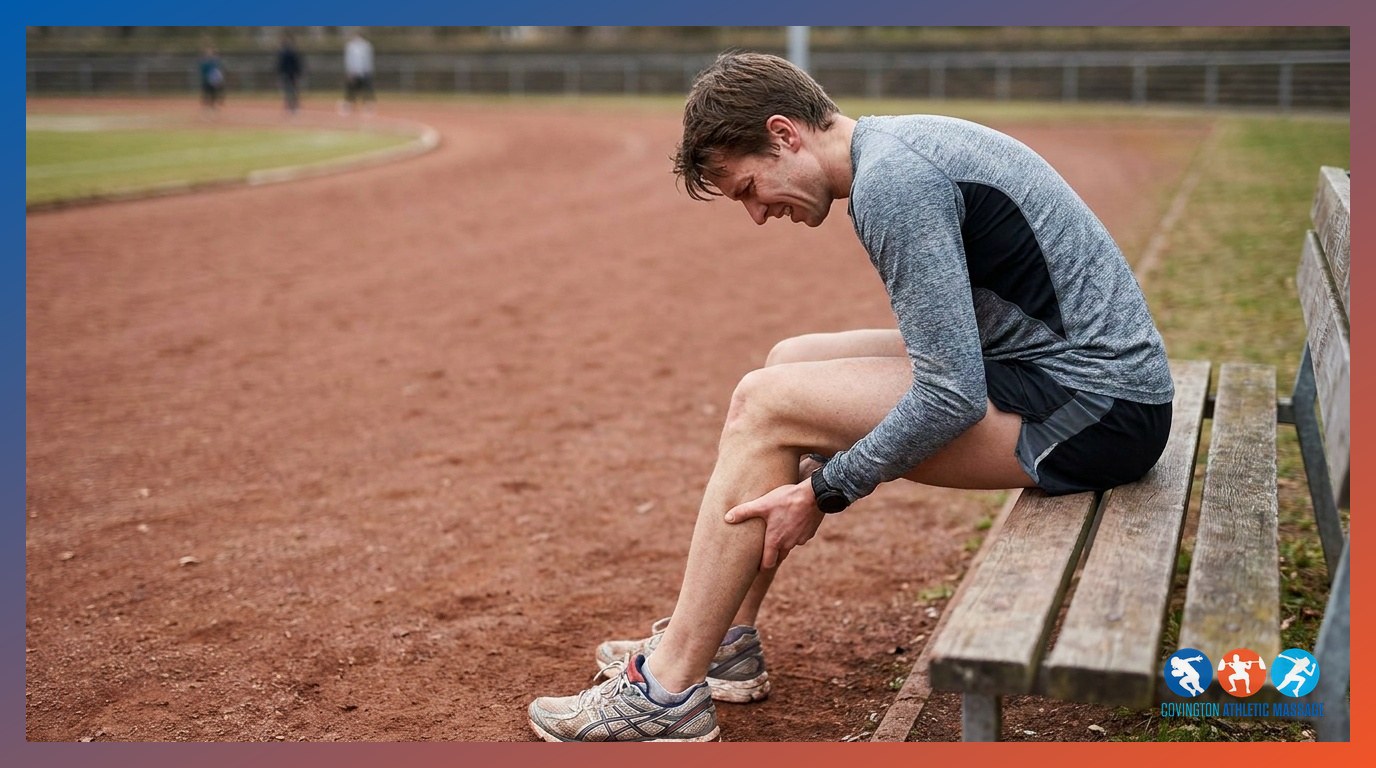 A runner clutching their hamstring in pain while seated on a bench beside a running track.