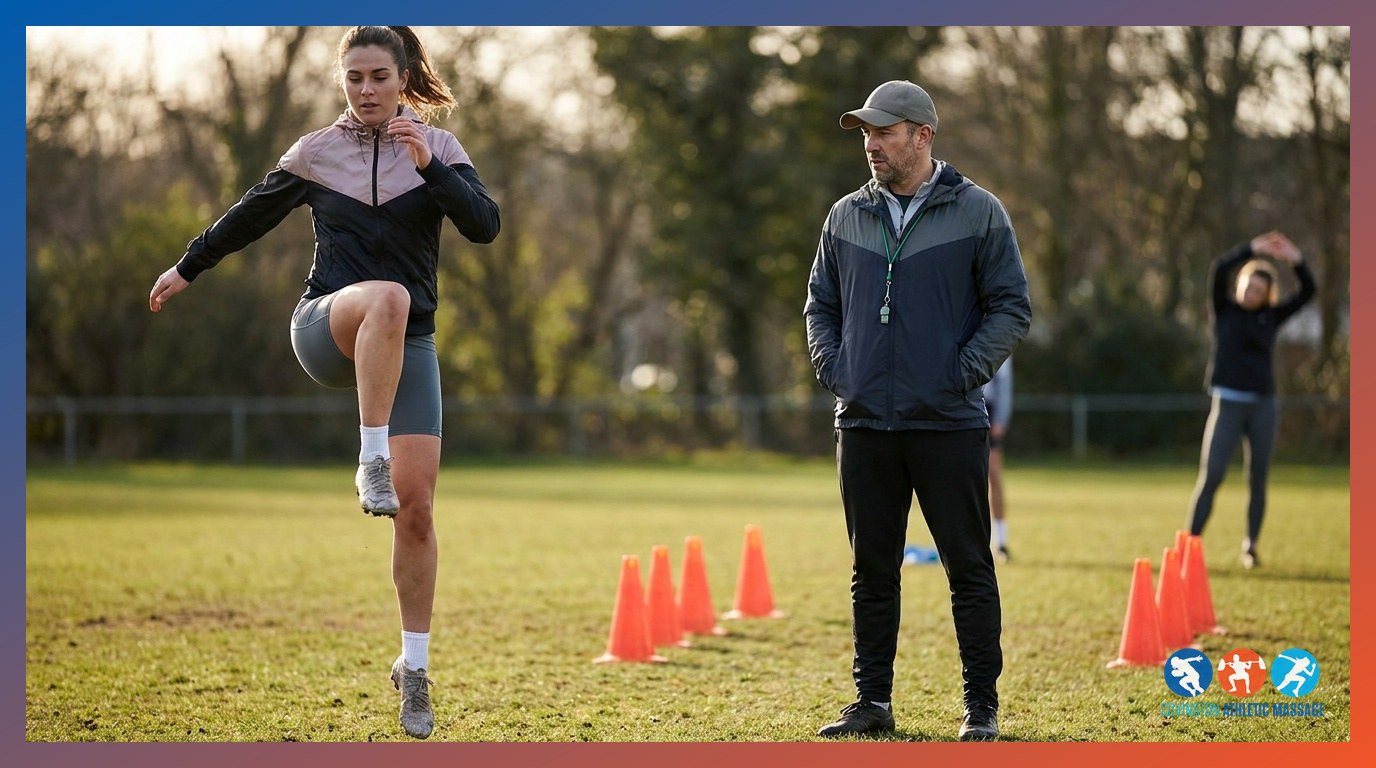 An athlete performing a dynamic warm-up leg swing drill on a grass sports field as a coach observes.