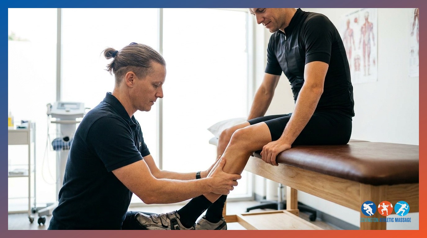 A sports massage therapist treating a cyclist's calf muscle in a clinic treatment room.