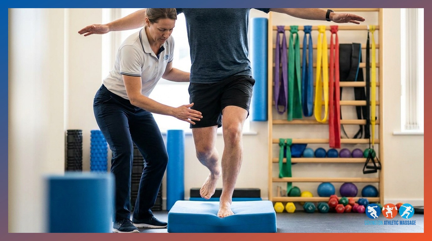 An athlete performing a single-leg balance exercise on a foam pad during sports injury rehabilitation.