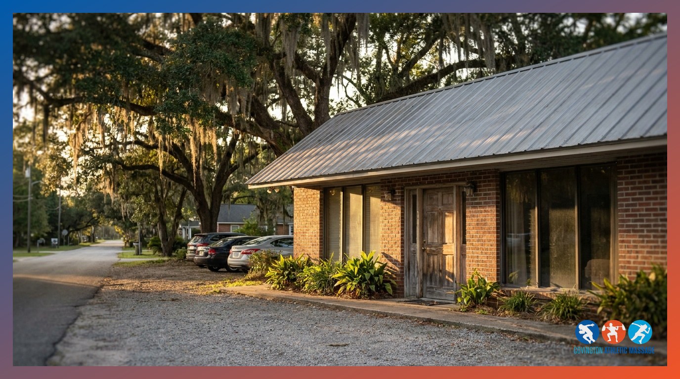The exterior of an athletic massage clinic on a tree-lined commercial street in Covington, Georgia.
