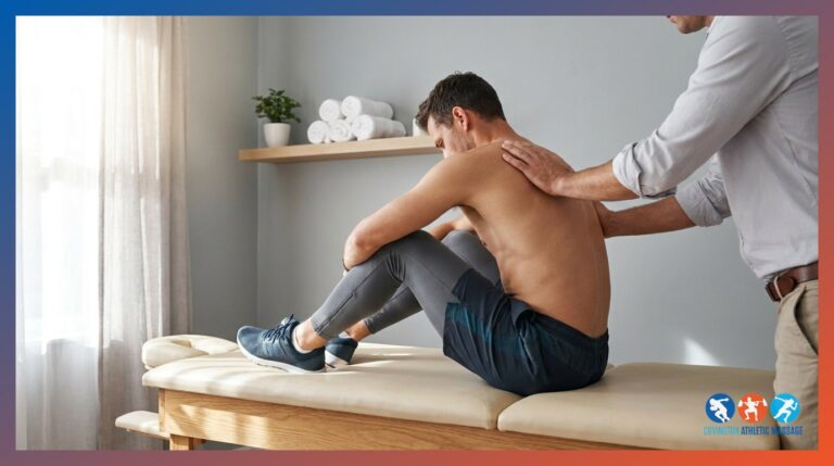 A sports massage therapist applying deep pressure to an athlete's upper back during a hands-on treatment session.