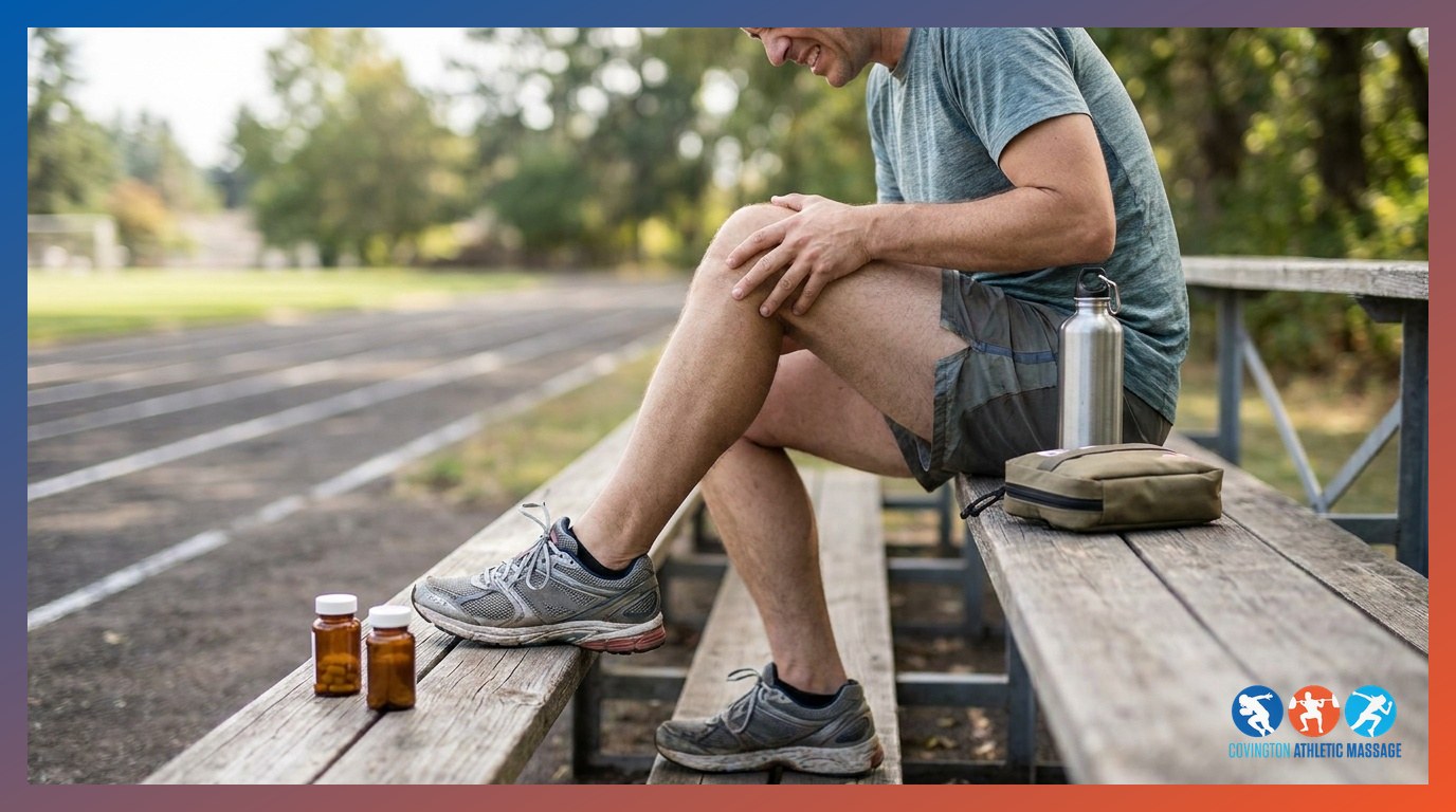 A runner sitting on a track bench and gripping a sore knee after training.