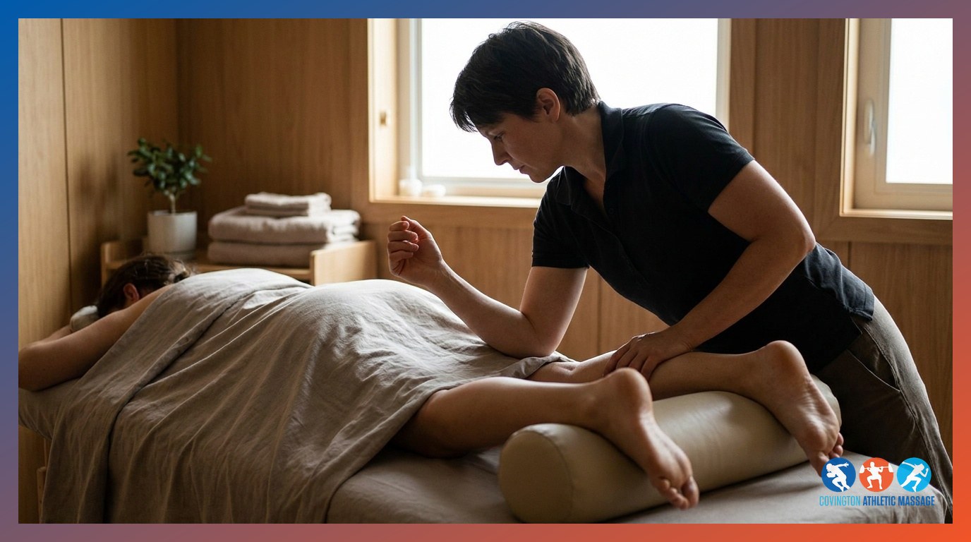 A sports massage therapist applying deep forearm pressure along a client's hamstring on a massage table.