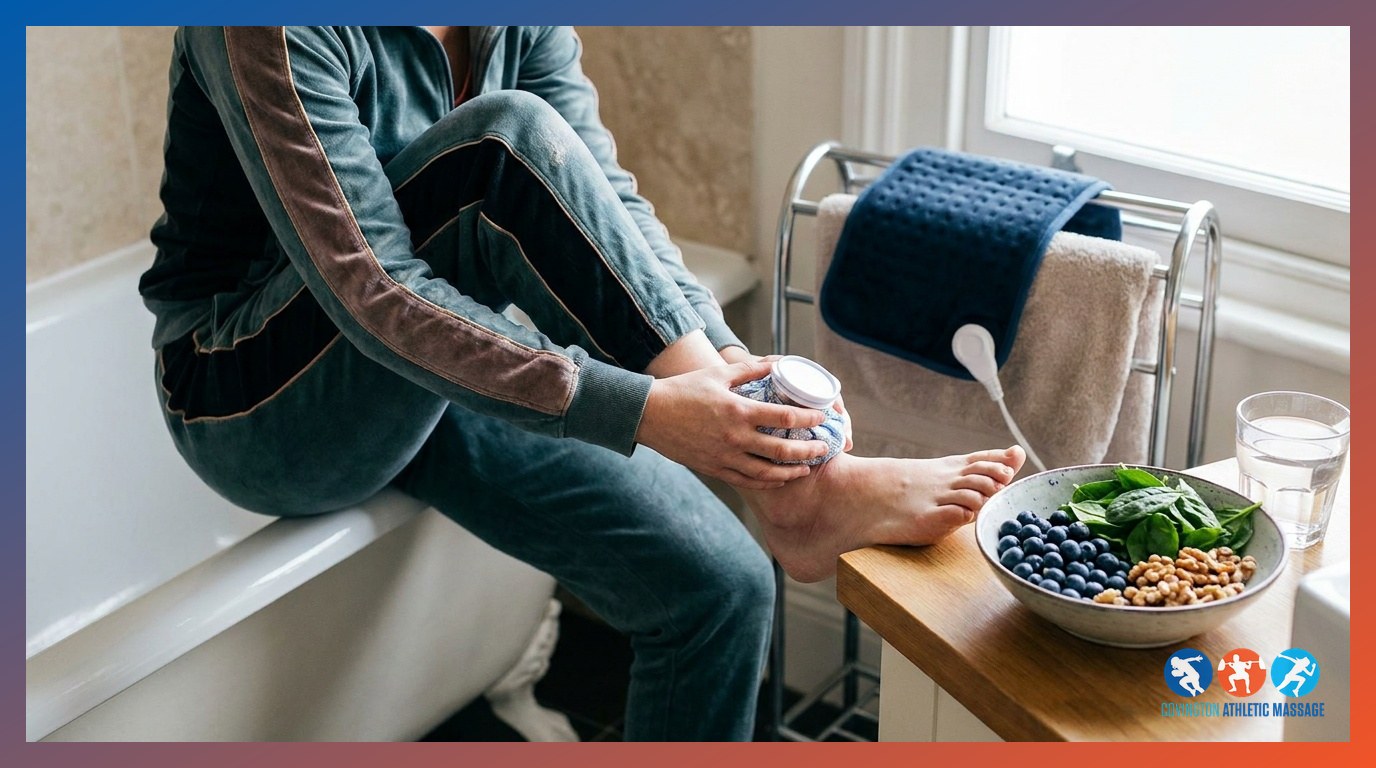 An athlete applying an ice pack to a swollen ankle beside a heating pad and a bowl of anti-inflammatory foods.