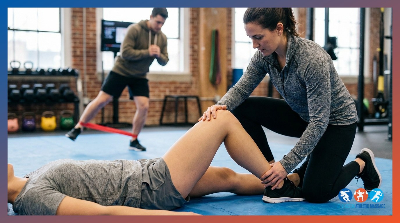 A trainer assessing an injured athlete's leg on a gym mat while another athlete performs guided rehabilitation exercises nearby.