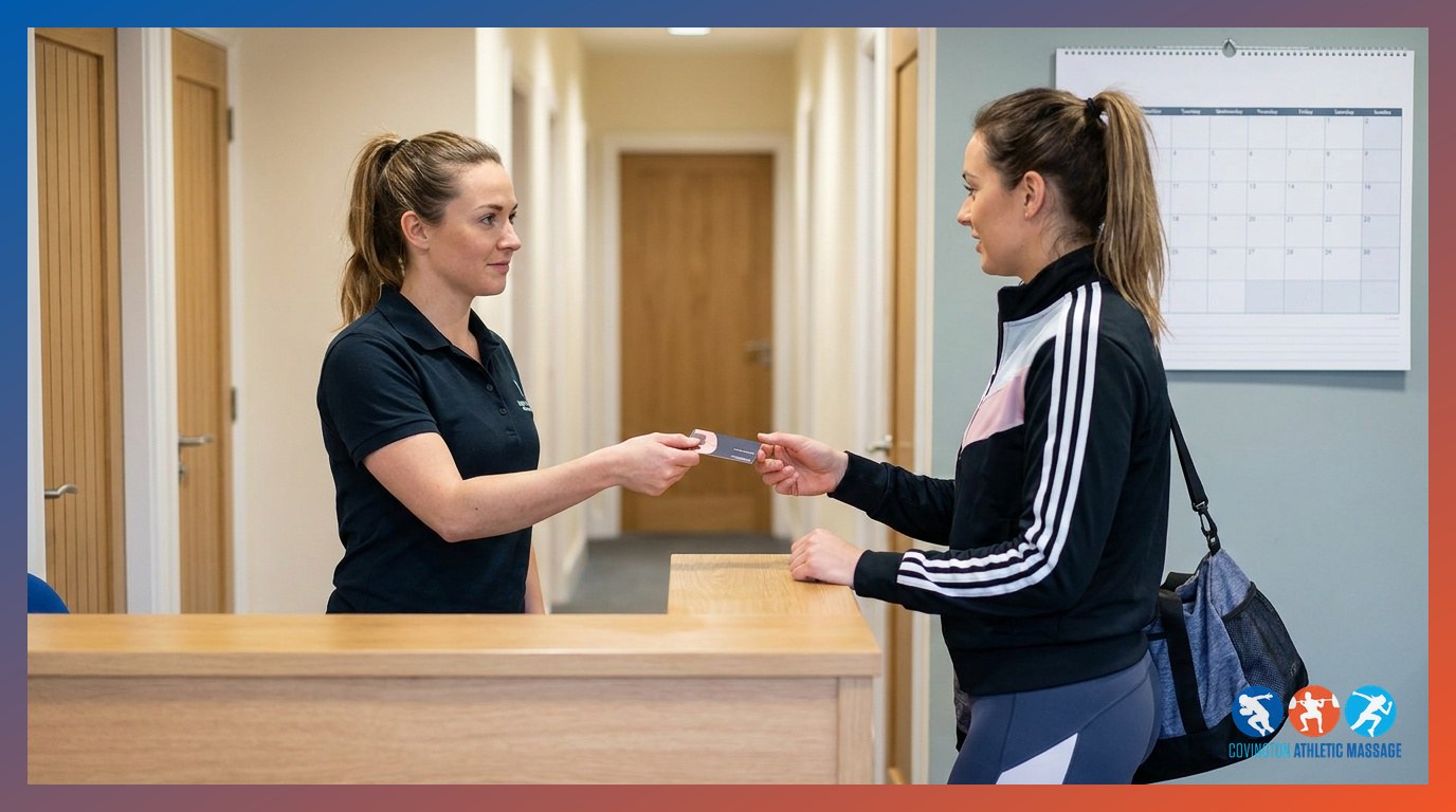 A sports massage therapist handing an aftercare plan to an athlete client at a clinic reception counter.