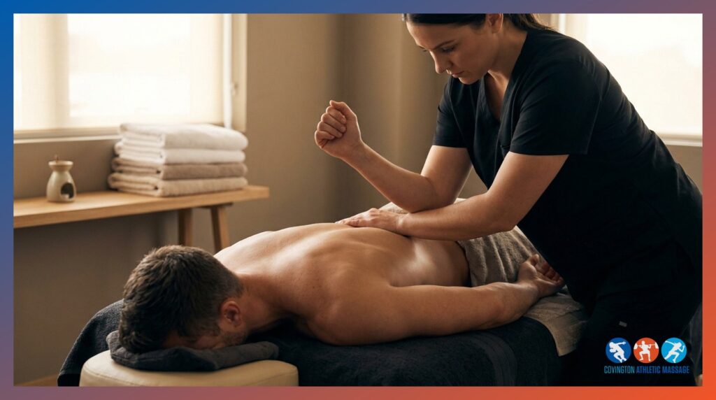A sports massage therapist applying deep tissue pressure across an athlete's full back during a recovery massage session.
