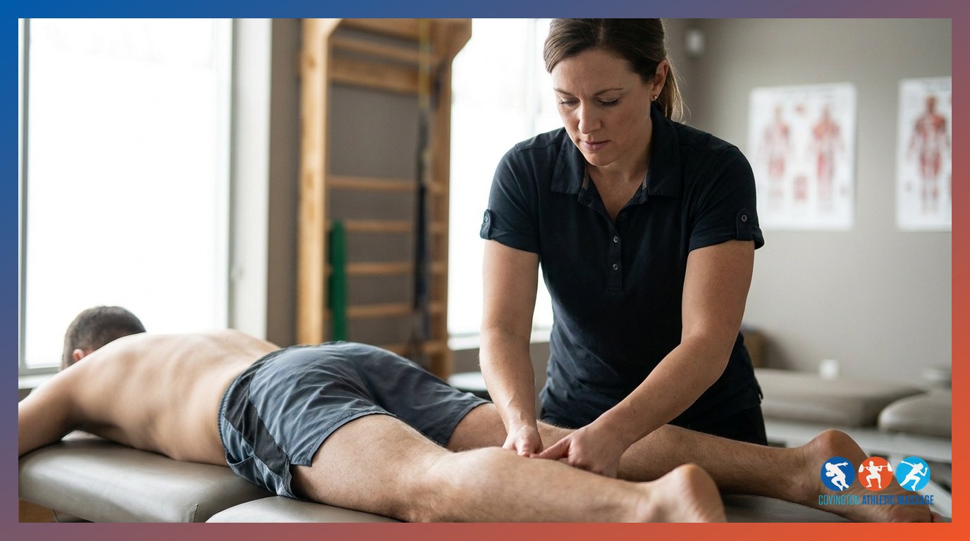 A sports massage therapist performing deep tissue work on an athlete's hamstring and calf muscles during a structured recovery session.