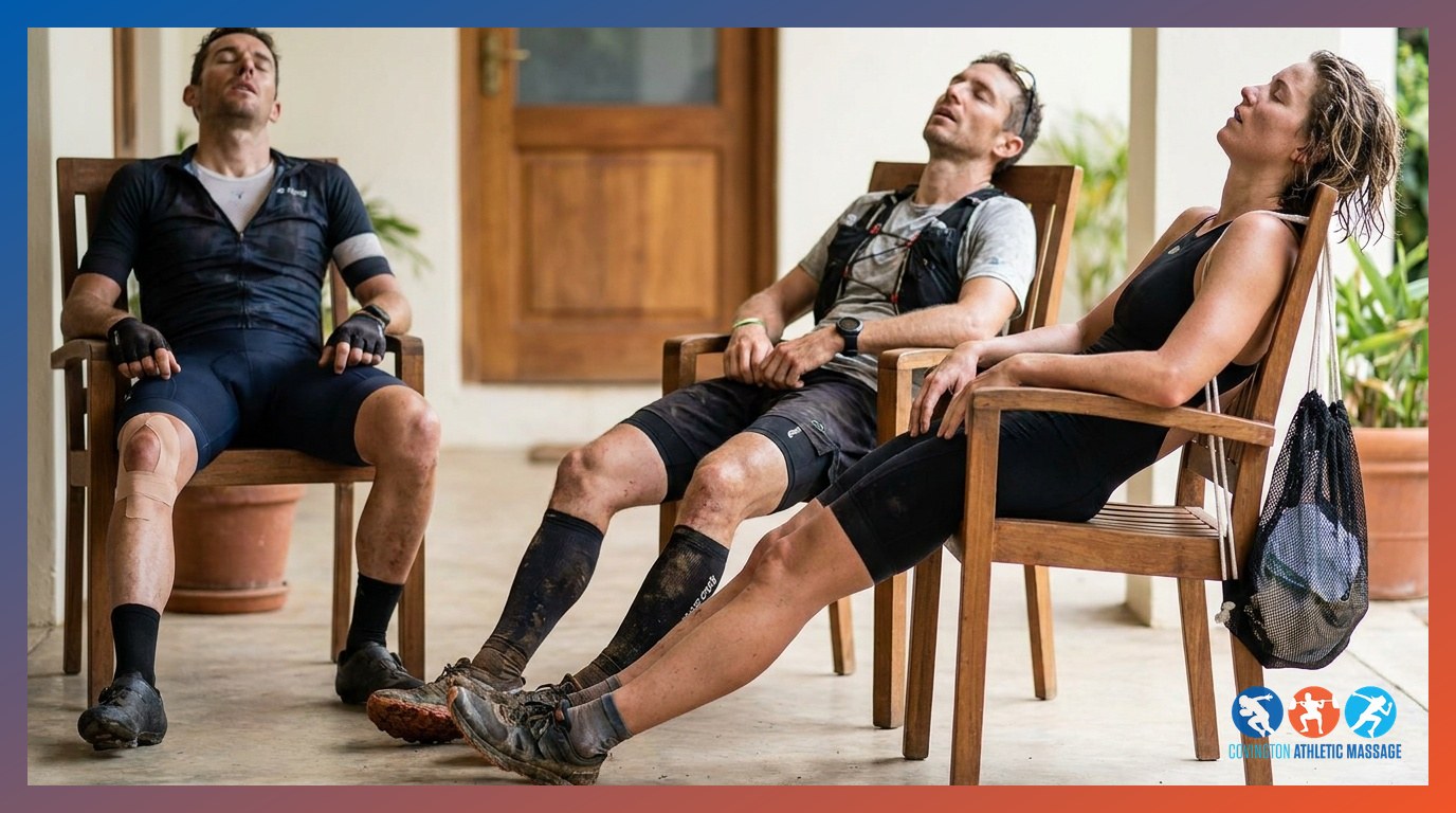Three endurance athletes waiting outside a sports therapy clinic treatment room, each showing visible signs of post-training fatigue and recovery.