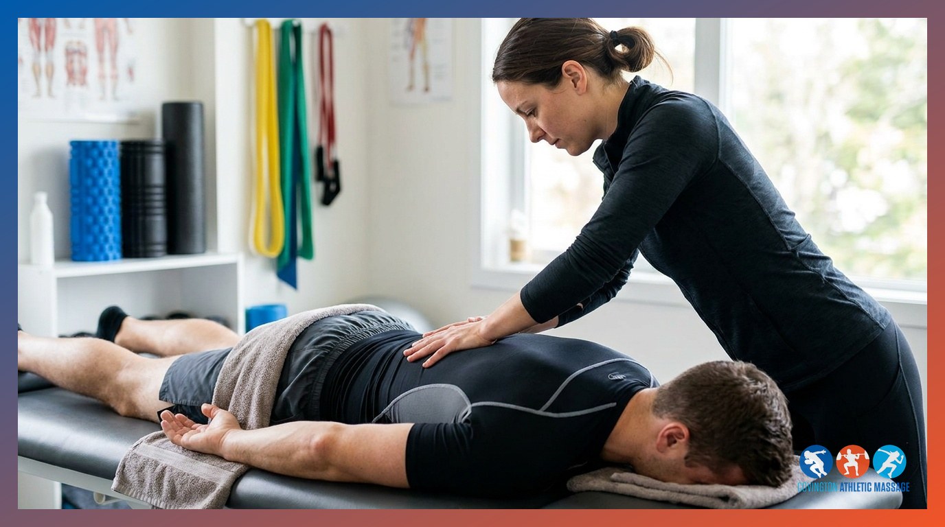 A sports massage therapist working through a full-body kinetic chain progression on an athlete lying face-down on a treatment table.