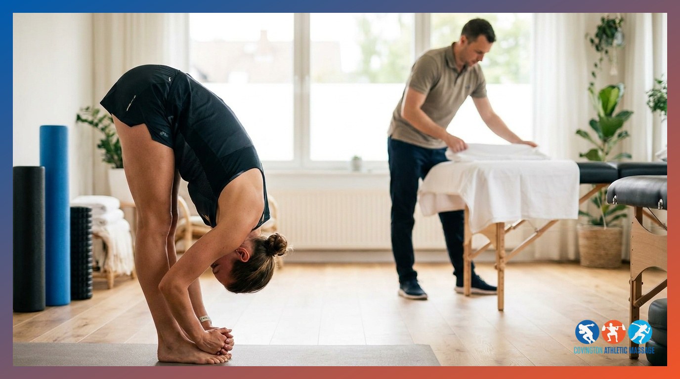 A female athlete demonstrating improved flexibility with a deep forward fold stretch after a sports massage recovery session.