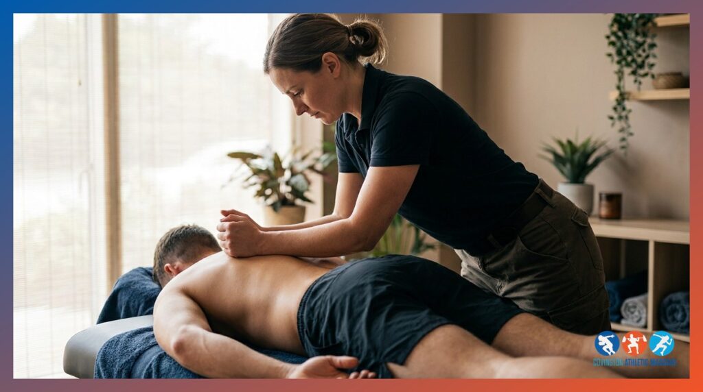 A massage therapist performing deep tissue massage on an athlete's back in a clinical treatment room.