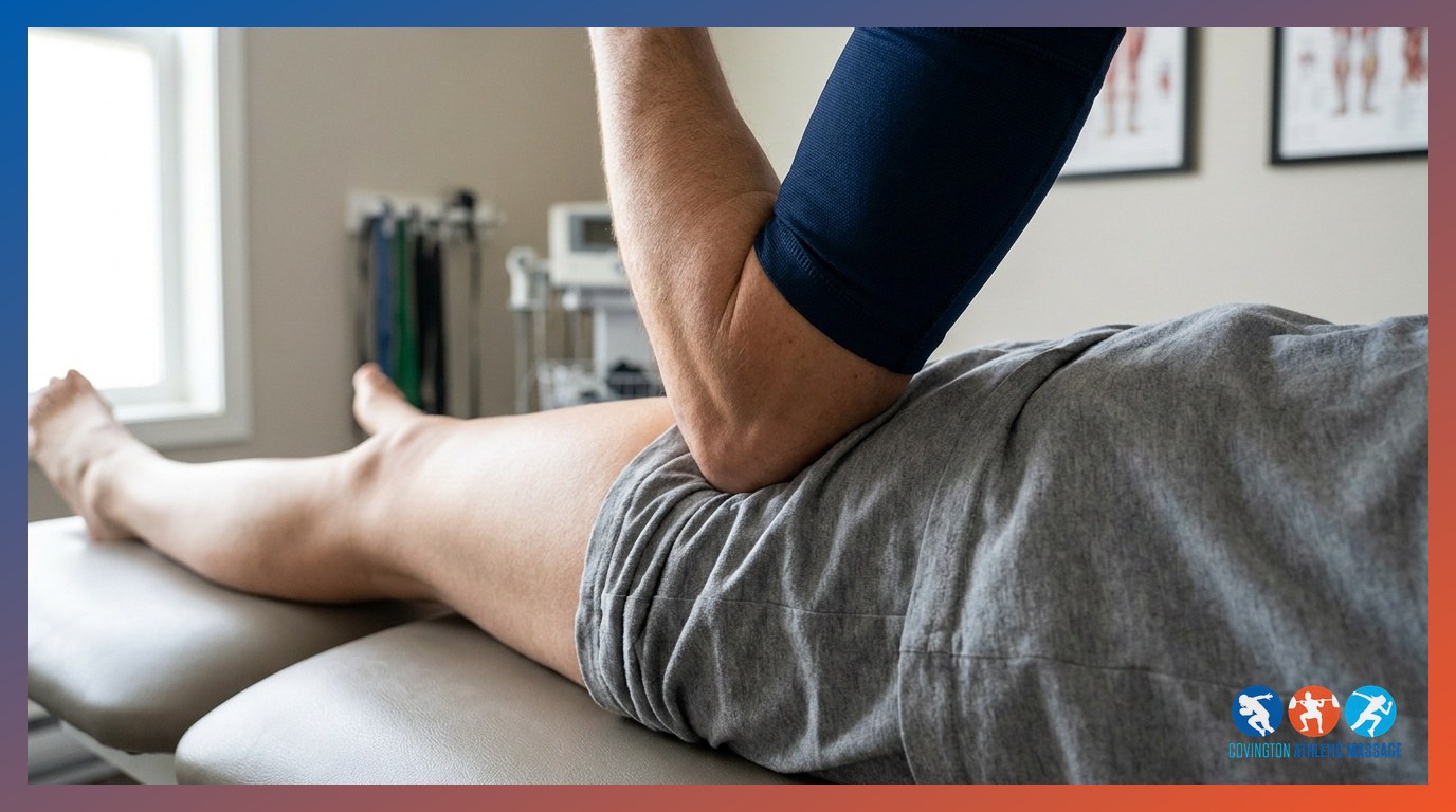A massage therapist applying cross-fiber forearm pressure to a client's thigh muscle during a deep tissue session.