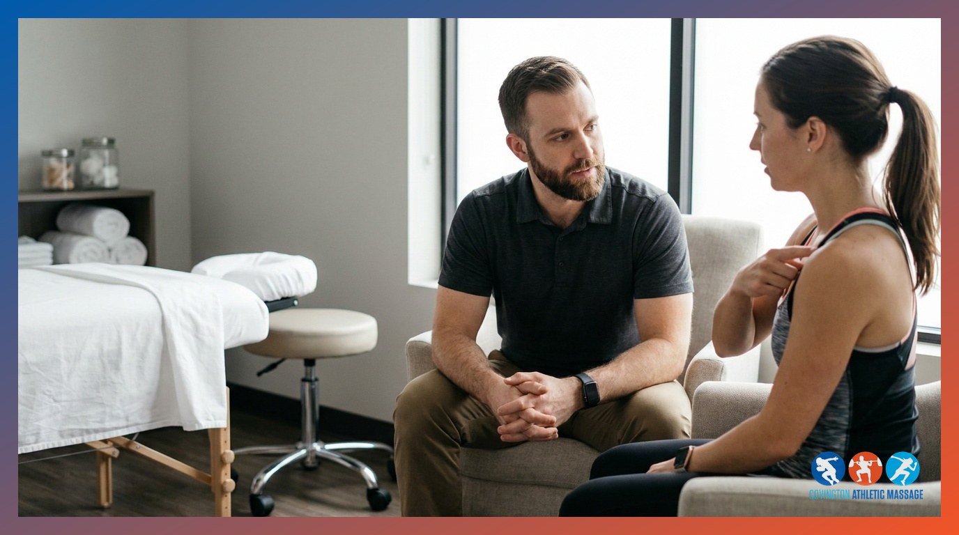 A massage therapist conducting a pre-session intake consultation with an athletic client in a massage clinic.