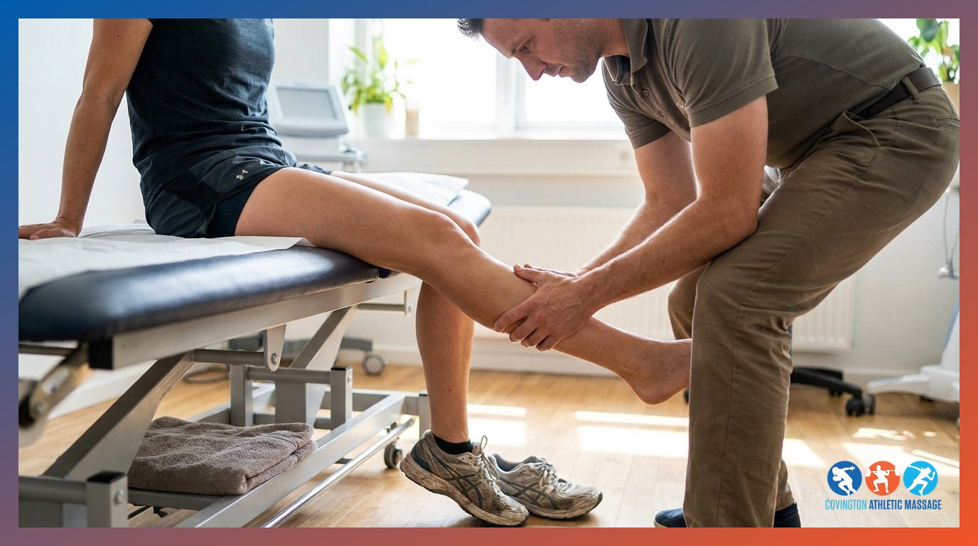 A massage therapist treating calf muscle tension in a runner during a deep tissue massage session.