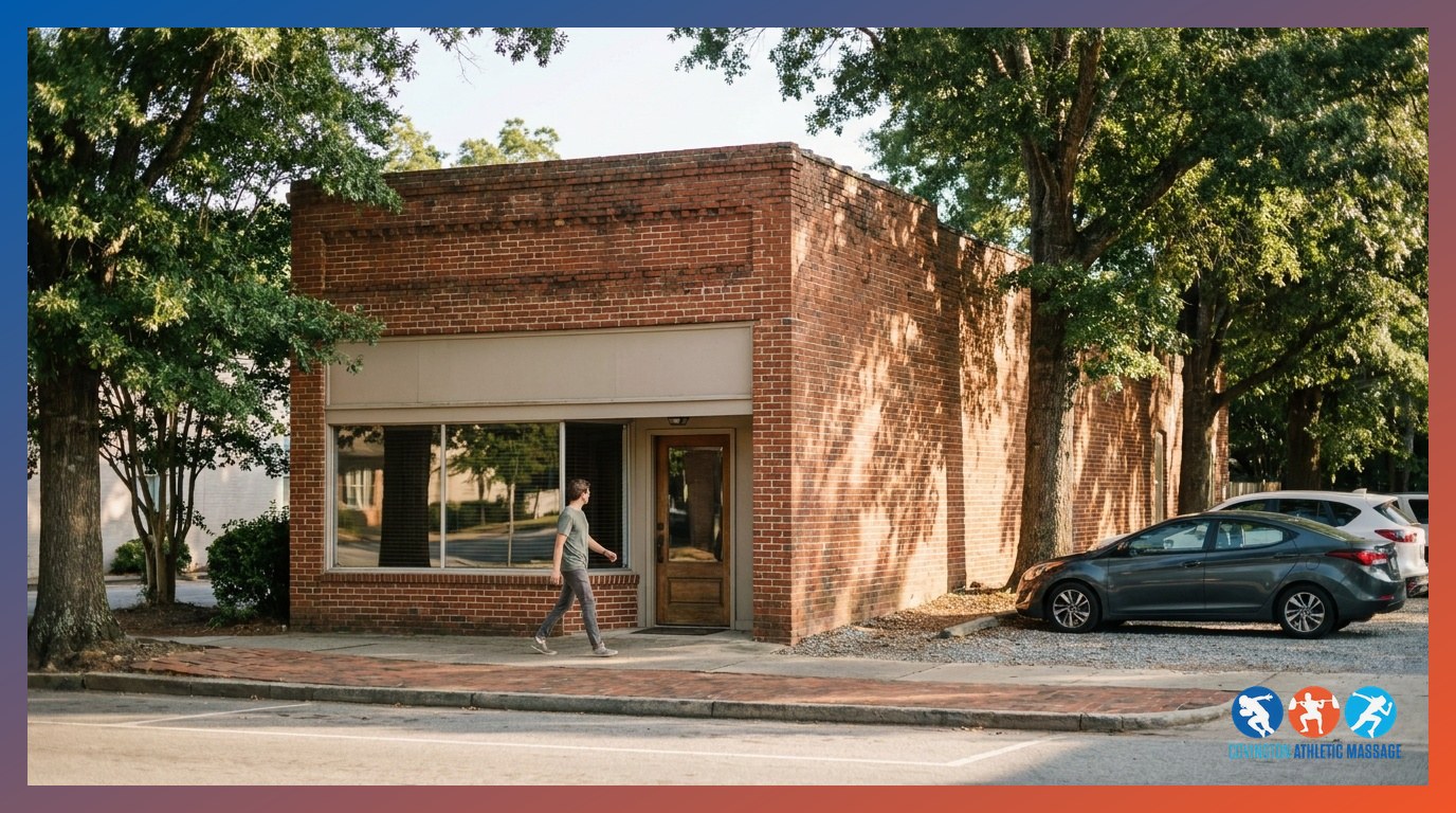 The exterior of an athletic massage clinic on a tree-lined street in Covington, Georgia.