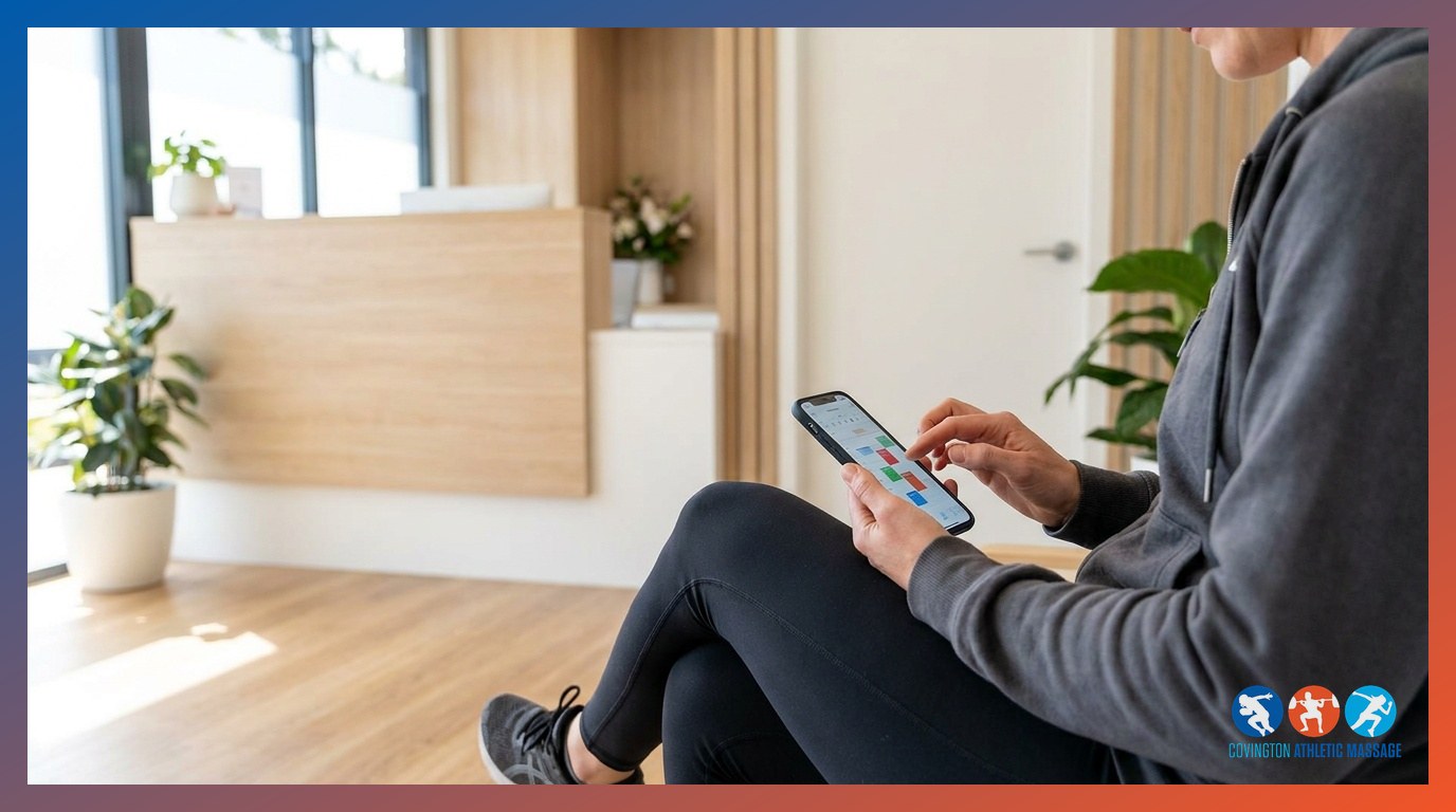 An athlete booking a massage appointment on a smartphone in the waiting area of a massage clinic.