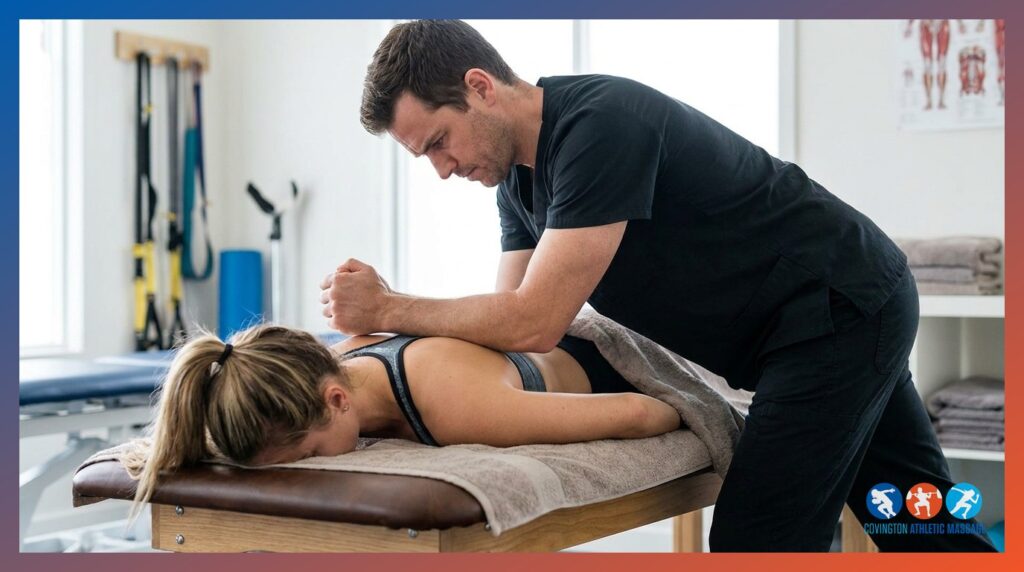 A massage therapist performing deep tissue massage on an athlete's upper back in a clinical treatment room.