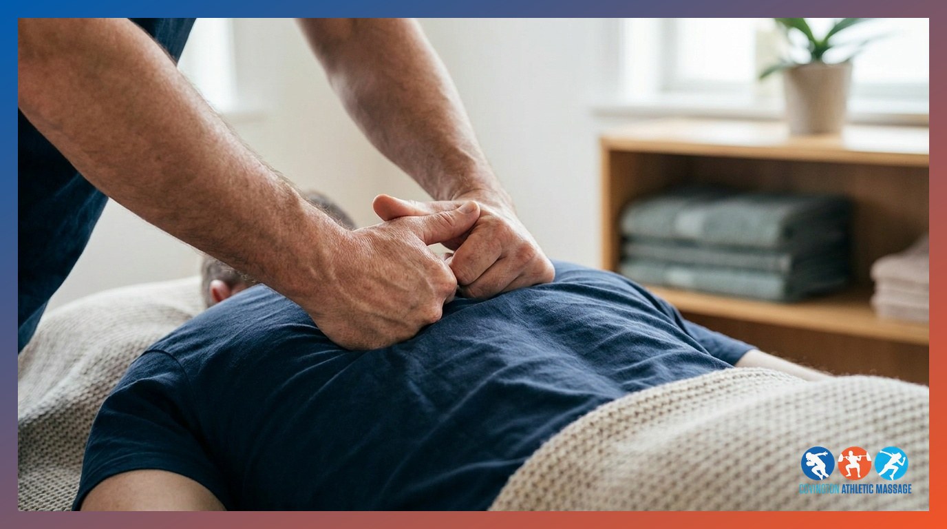 A therapist applying targeted thumb pressure to the deep paraspinal muscles of a client during a manual therapy session.