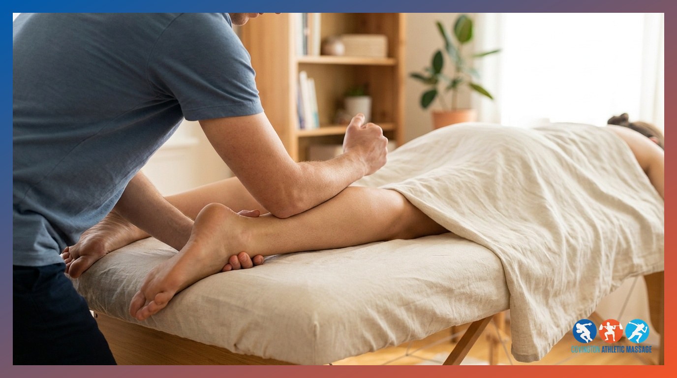 A massage therapist using a forearm stripping technique along a client's calf muscle during a deep tissue session.