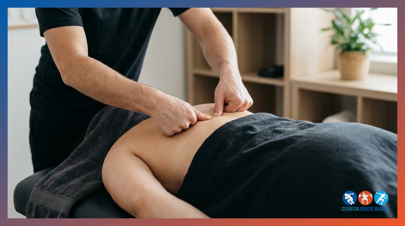 A therapist applying sustained compression to a myofascial trigger point in a client's trapezius muscle.