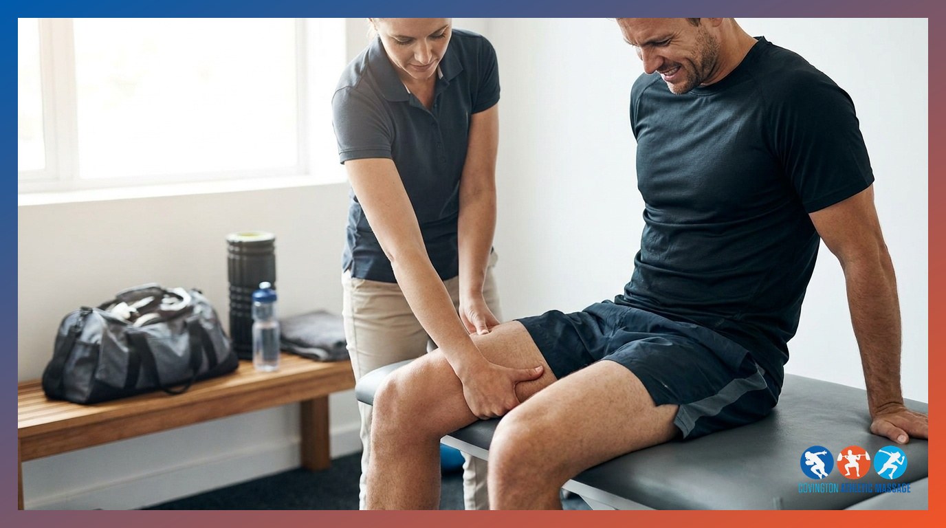 A therapist performing deep tissue massage on the posterior thigh of a seated athlete in a sports clinic setting.