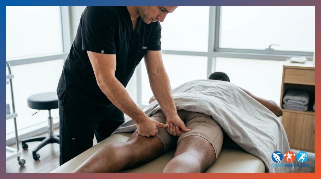 A sports massage therapist performing injury care massage on an athlete's hamstring in a clinical treatment room.