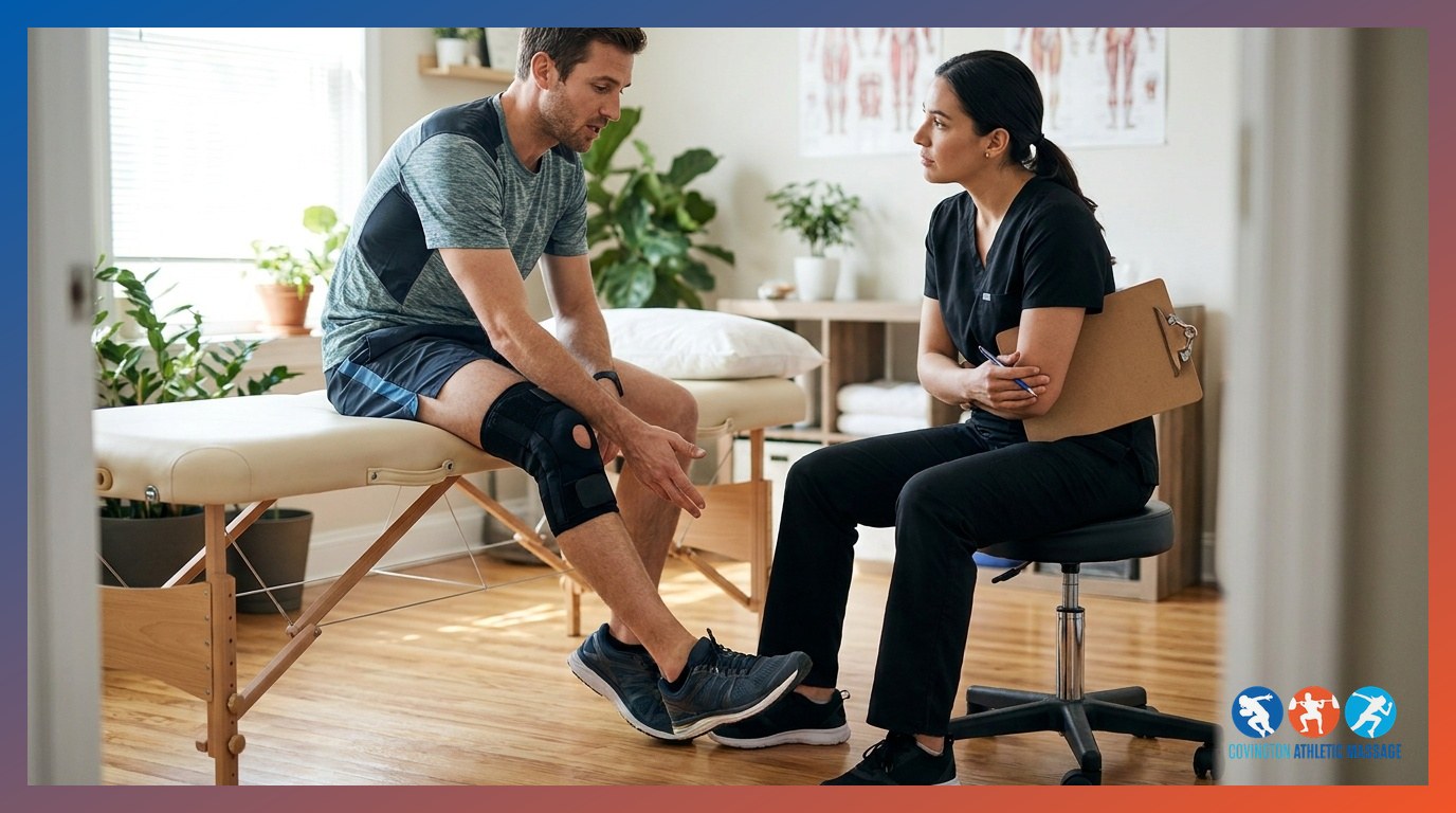 An injured runner consulting with a sports massage therapist about a lower-leg injury before a treatment session.