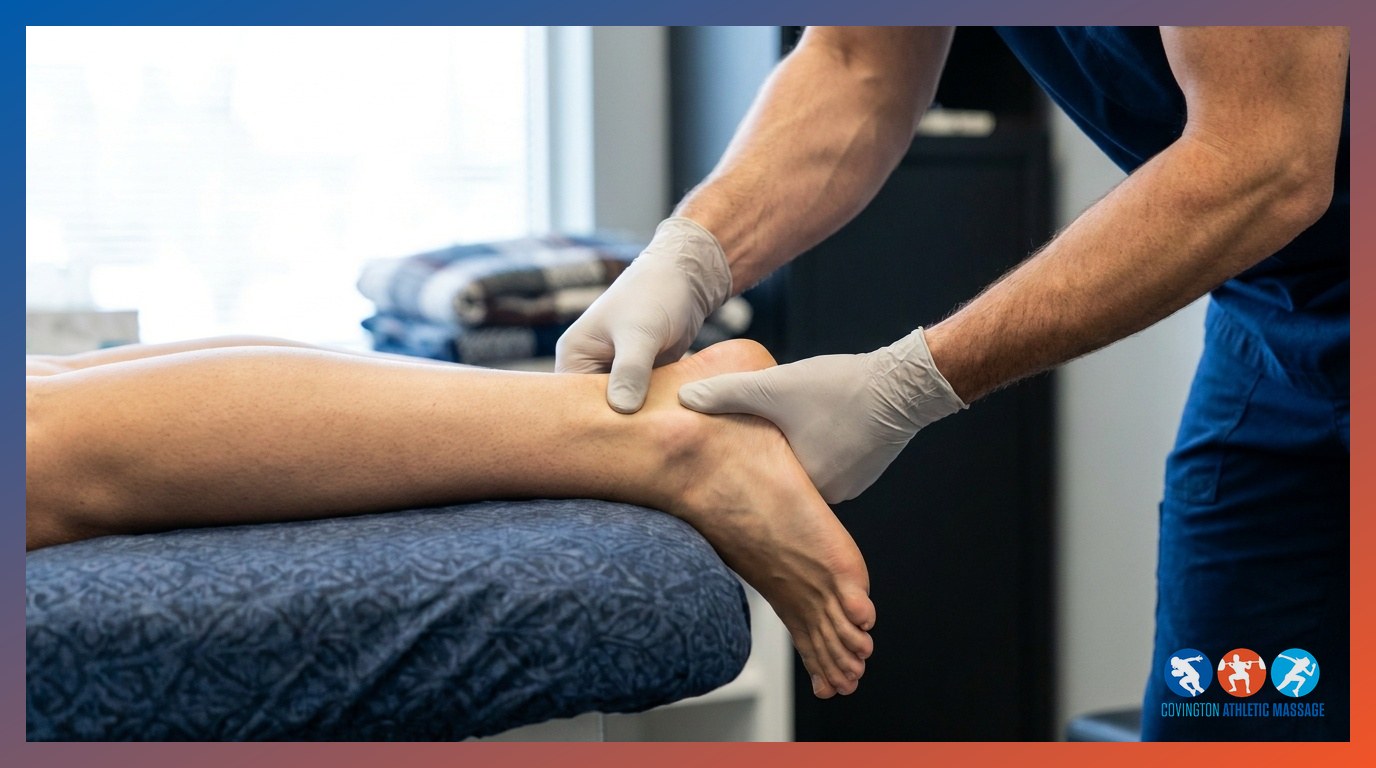 A massage therapist applying cross-fiber friction technique to an athlete's Achilles tendon during a soft-tissue injury treatment.
