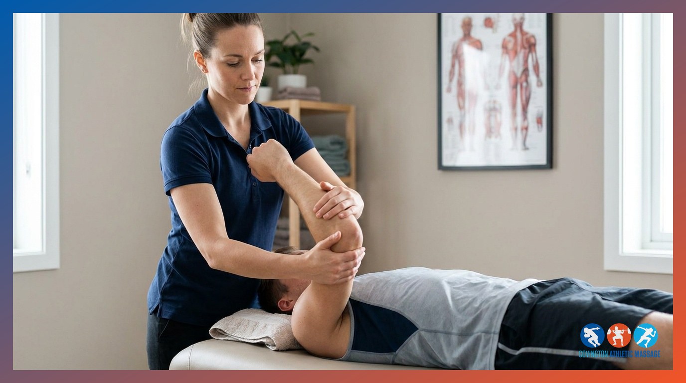 A massage therapist evaluating a patient's shoulder range of motion at the end of an injury care massage session.