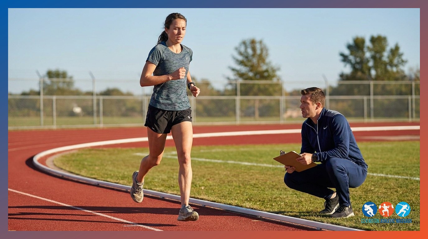 An athlete performing a supervised return-to-sport running test on an outdoor track after soft-tissue injury rehabilitation.