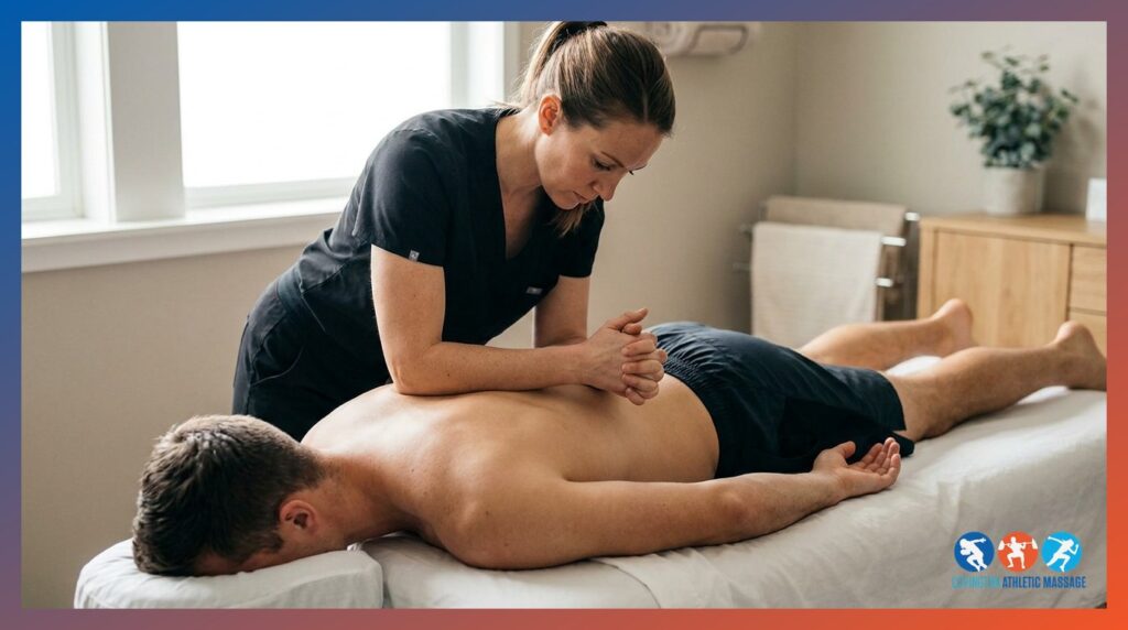 A sports massage therapist applying deep tissue pressure to an athlete's upper back during a pain relief therapy session.