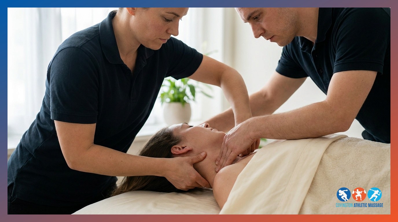 A therapist performing targeted palpation along a client's neck and trapezius muscle to locate the source of muscular pain.