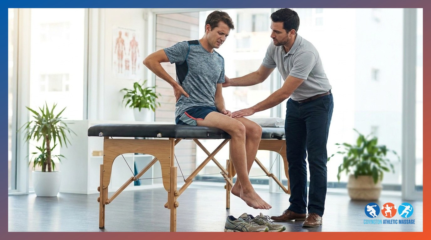 A runner describing lower back pain to a sports massage therapist during a pre-session consultation at a clinic.